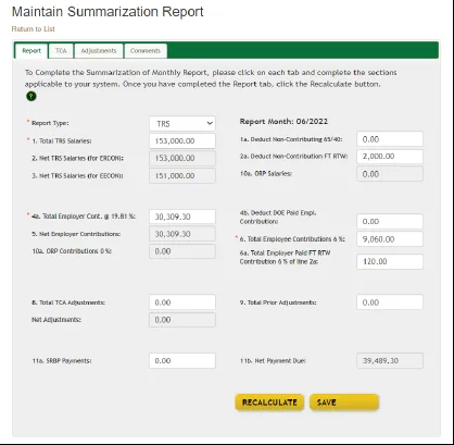 Screenshot of Maintain Summarization Report