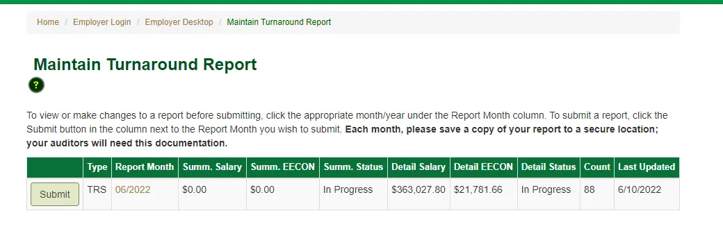 Screenshot of Turnaround Report Step 1